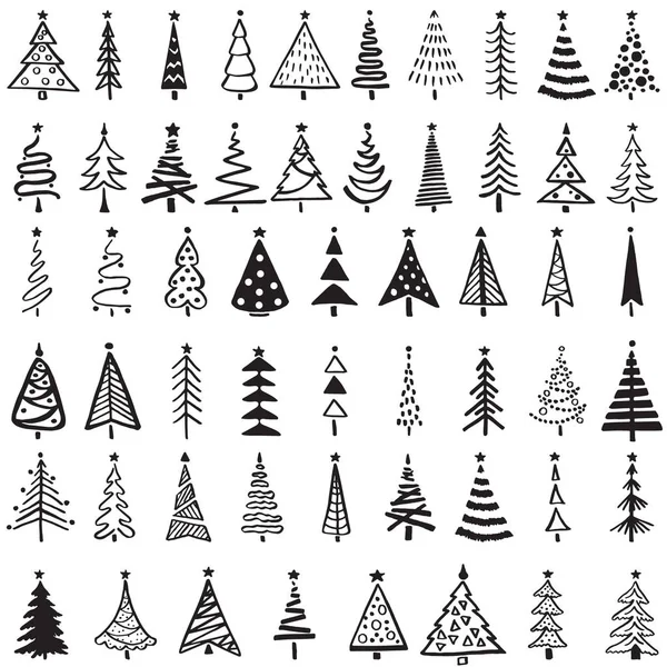 Beyaz arka planda Noel ve Yeni Yıl ağaçlarının vektör koleksiyonu. Noel tebrik kartları, kartlar, afişler, ambalaj kağıtları için karalama malzemeleri. Kış tatili için dekore edildi..