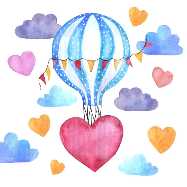 Watercolor balloon with hearts flies in the clouds