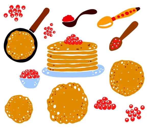 Conjunto vectorial de elementos dibujados a mano para panqueques Maslenitsa y caviar — Archivo Imágenes Vectoriales