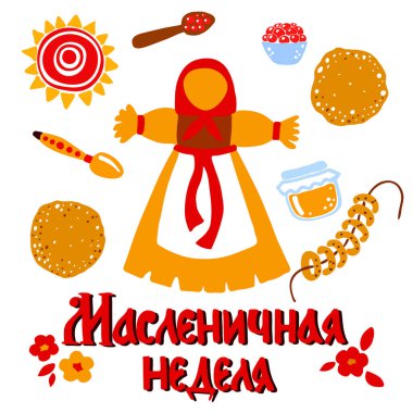 Maslenitsa için çizilmiş elementlerin vektör kümesi