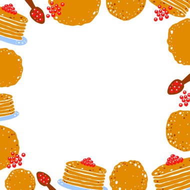 Maslenitsa veya Shrovetide. Davetiye, afiş, poster ya da promosyon tasarımı için şablon. Krep ve havyar çerçevesi.