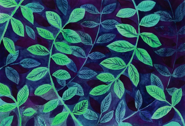 Akvarell bakgrund med gröna och blå blad — Stockfoto