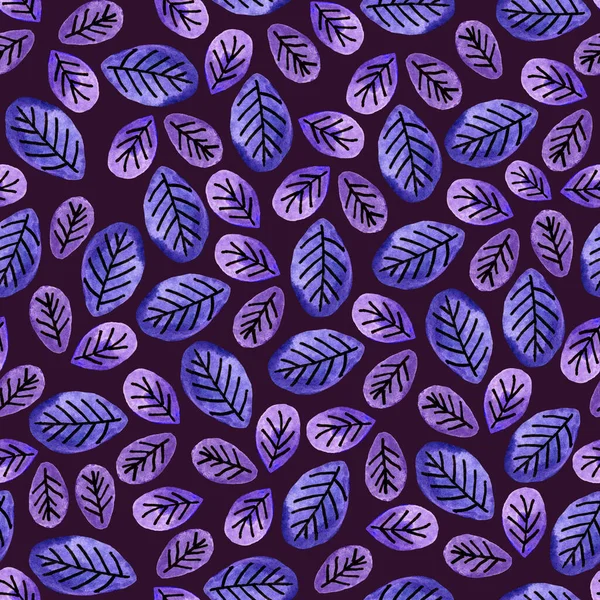 Seamless watercolor pattern of plant leaves on a dark background — Zdjęcie stockowe