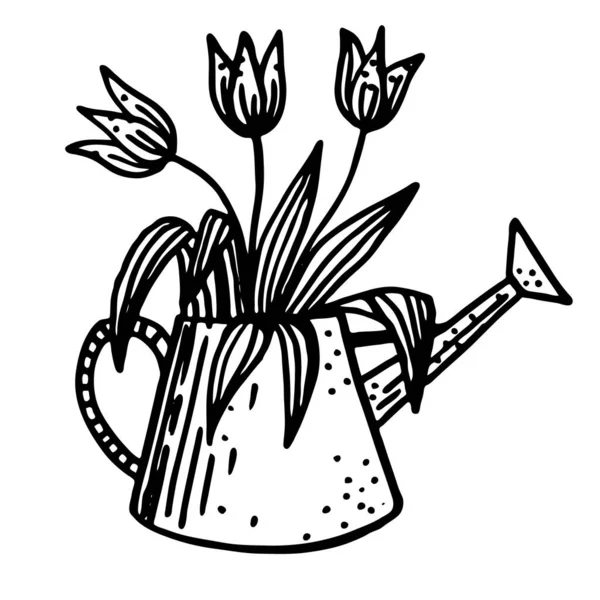 Black and white vector flowers in a watering can hand-drawn in Doodle style — Stock Vector