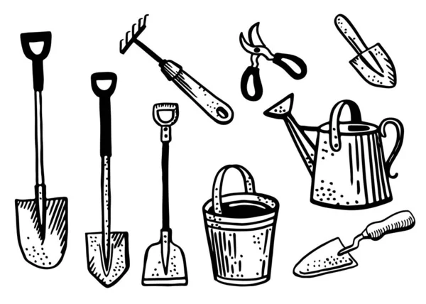 Zestaw ręcznie rysowanych narzędzi ogrodowych odizolowanych na białym tle — Wektor stockowy