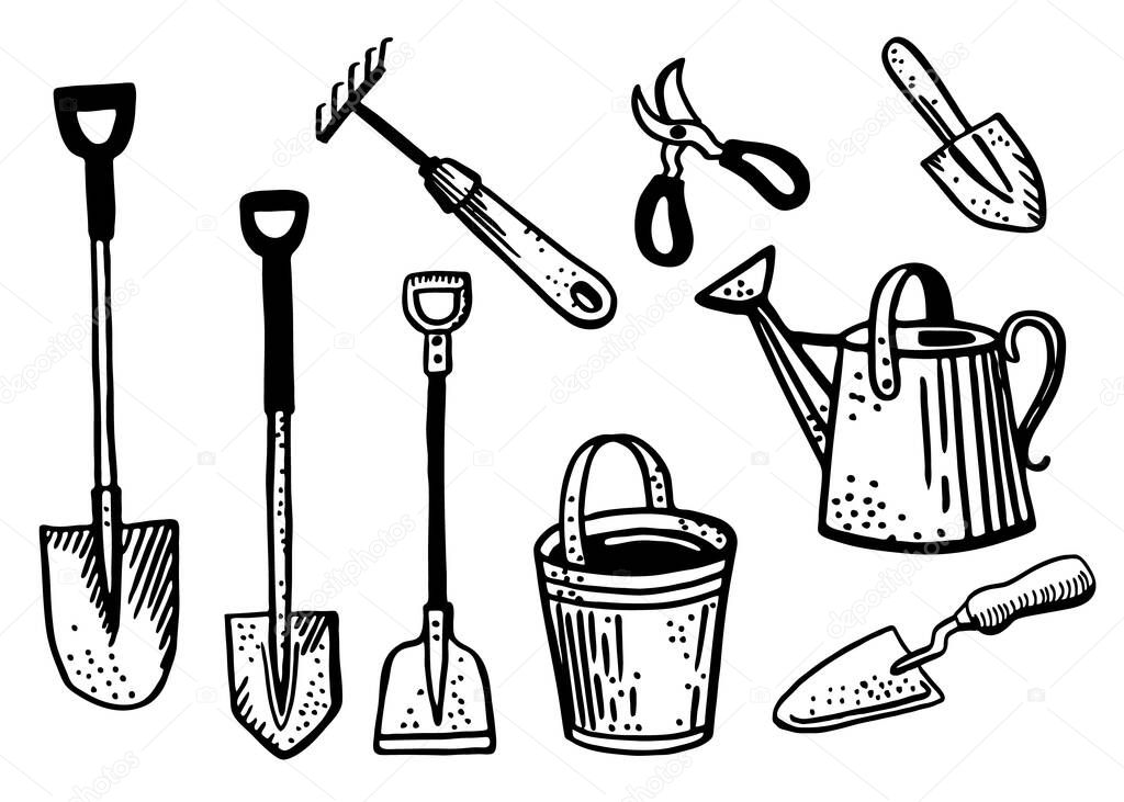 Set of hand drawn garden tools isolated on a white background