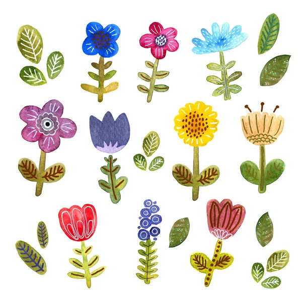 Set med handritade akvarell av blommor i skandinavisk stil — Stockfoto