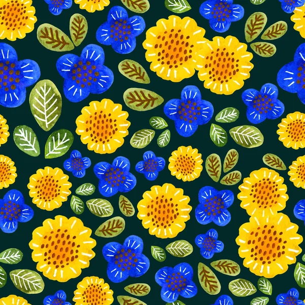 深色背景下斯堪的纳维亚风格的花卉水彩图案 — 图库照片