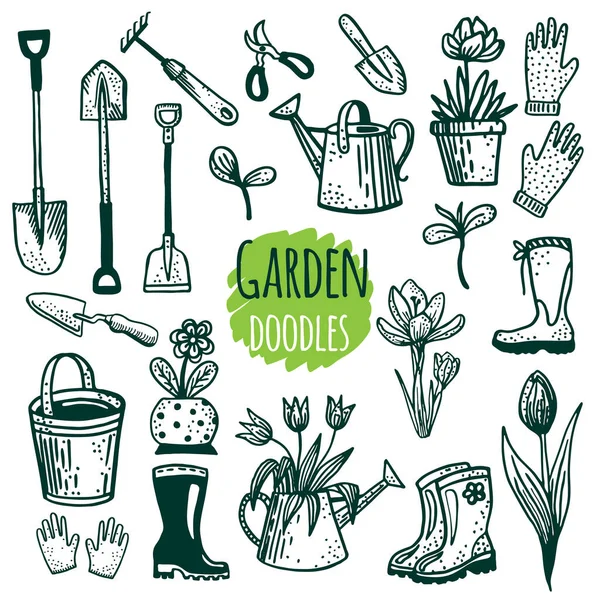 Ensemble d'outils de jardin dessinés à la main isolés sur un fond blanc — Image vectorielle