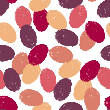Beyaz arka planda çok renkli, pembe, mor ovaller olan soyut, kusursuz bir desen. Boya darbeleri. Kumaş, duvar kağıdı ve hediye ambalajı için modaya uygun bir arka plan. Vektör.