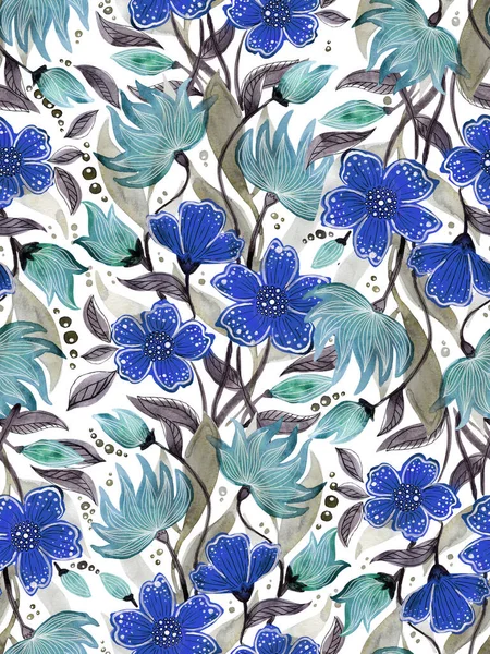 Abstract floral watercolor seamless pattern with stylized blue flowers and leaves on a white background. Botanical composition for weddings, cards, printing on fabric.