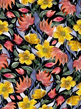 Siyah arka planda şekillendirilmiş çiçeklerle soyut suluboya desenleri.