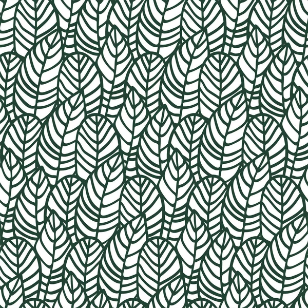 Patrón vectorial sin costuras de hojas verdes oscuras dibujadas a mano sobre un fondo blanco — Vector de stock