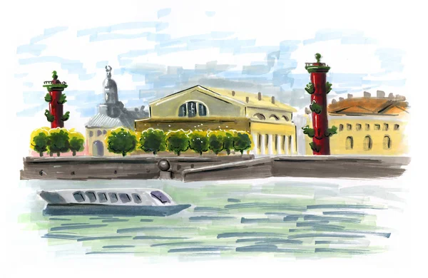 Disegno dello sputo di Isola Vasilyevsky, scambio e colonne rostral . — Foto Stock