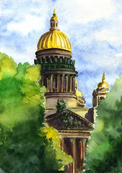 Ватерколірний малюнок Собор Святого Ісаакса влітку. — стокове фото