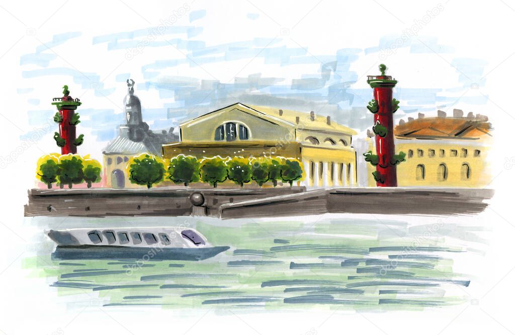 Drawing of the spit of Vasilyevsky Island, exchange and rostral columns.