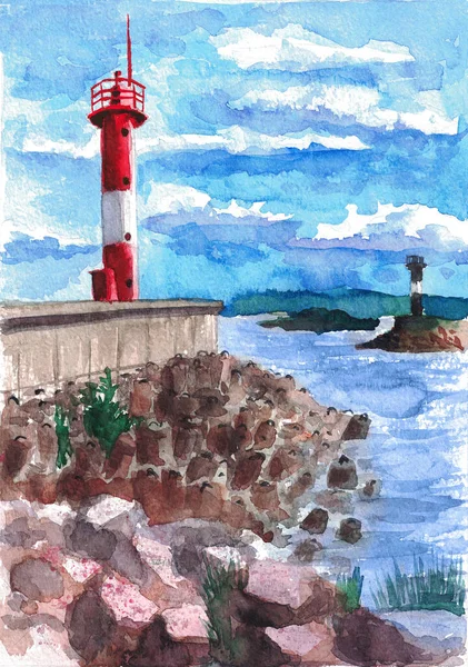 Akwarela rysunek czerwona latarnia morska — Zdjęcie stockowe