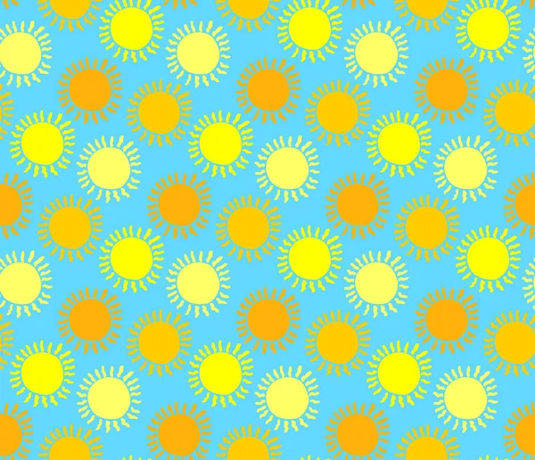 蓝色背景上手绘黄色涂鸦太阳的无缝图案. — 图库矢量图片