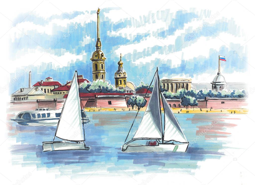Yachts with white sails on the background of the Peter and Paul Fortress