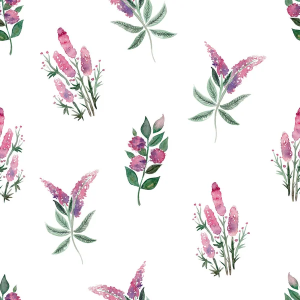 Romantic seamless pattern with watercolor wildflowers in shades of pink and purple. Violet flowers, petals, green twigs on a white background. For the design of fabrics, wallpaper, bedding, clothes