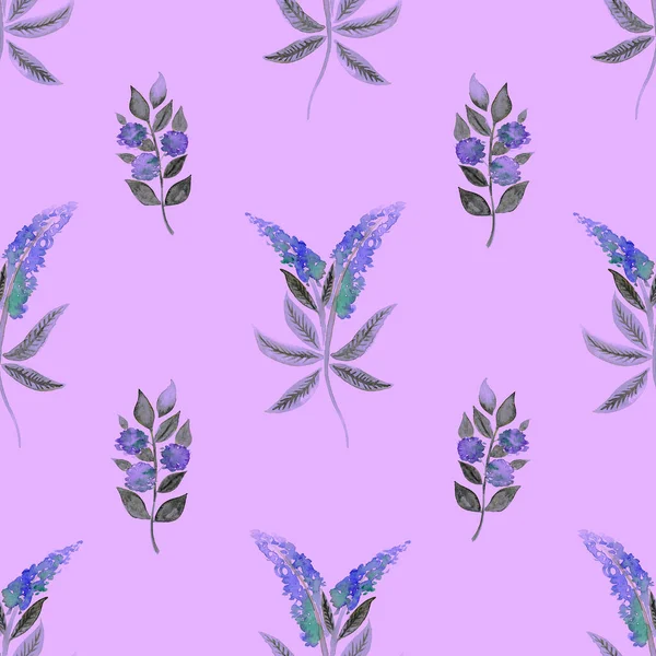 浪漫的无缝图案 水彩斑斓的野花深蓝色 蓝色的花 紫丁香背景上的枝条 床上用品 服装的设计 — 图库照片