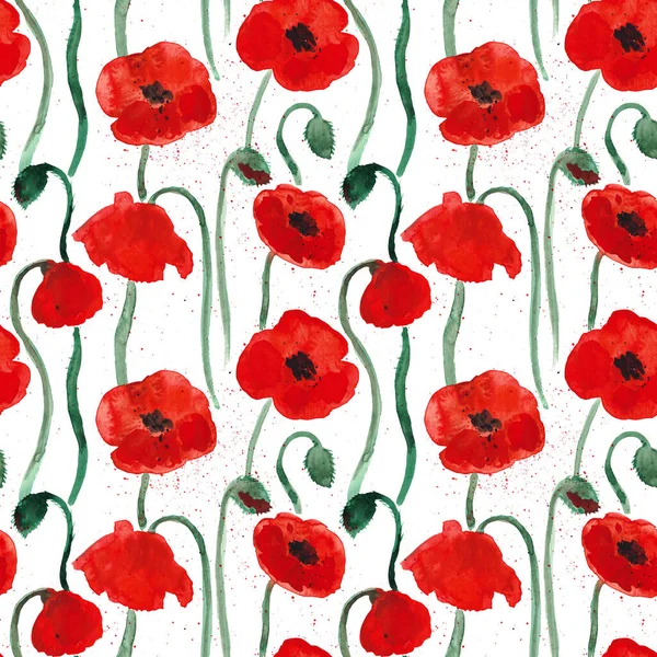 Watercolor red poppies flowers with stems and green buds. Seamless patterns. Wild flower set isolated on white background. Surface design for interior decoration, textile printing, printed issues