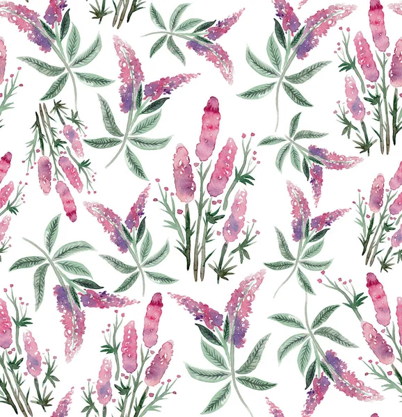 浪漫的无缝图案 水彩斑斓的野花呈粉红色和紫色 紫罗兰花 白色背景的绿色枝条 床上用品 服装的设计 — 图库照片