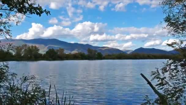 Fly over lake with beautiful panorama — Stock Video