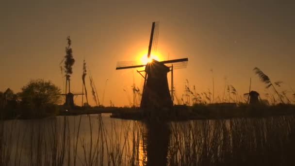 Molinos de viento tradicionales en la orilla del río al atardecer — Vídeos de Stock