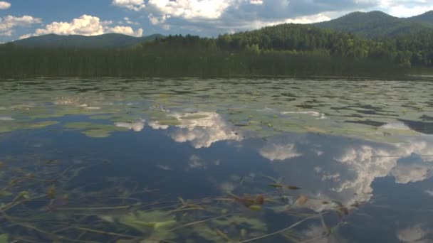 AERIAL: Incrível superfície de água do lago vítreo coberto refletindo grandes nuvens brancas — Vídeo de Stock