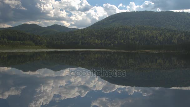 Légi: Csodálatos benőtt hegyek csendes felület időszakos tó tükrözi — Stock videók