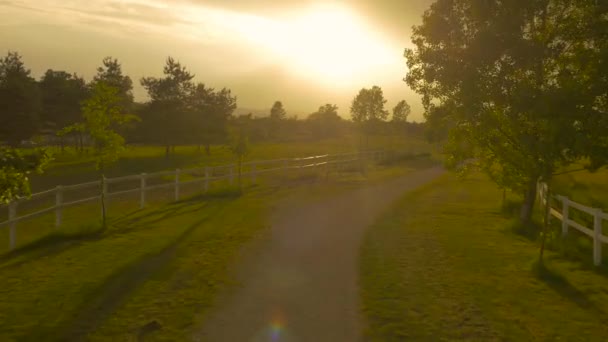 Luchtfoto: Vliegen over het pad en de groene gras velden in de dramatische zonsopgang — Stockvideo