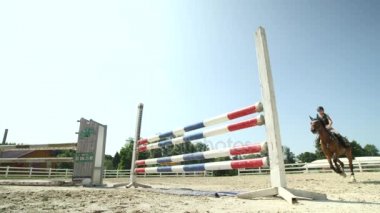 Ağır çekim: kumlu modacı atlama genç rekabetçi binici kız eğitim çit