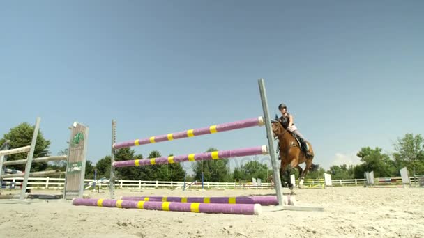 SLOW MOTION: Giovane ragazza cavaliere saltando la recinzione e cavallo abbatte il palo — Video Stock