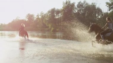 Yakın: Atları çalıştırırken waterdrops sıçramasına biniciler ile ve nehir