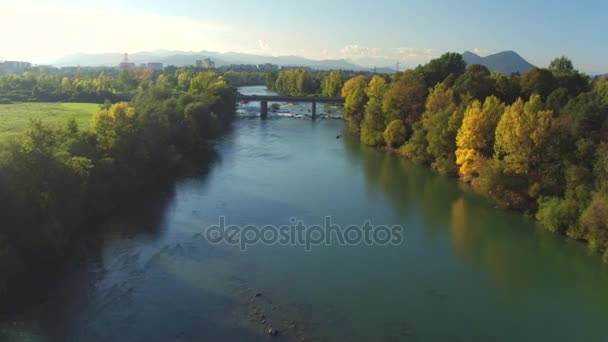 AERIAL: Hermoso río verde ancho que atraviesa una pequeña ciudad suburbana — Vídeo de stock