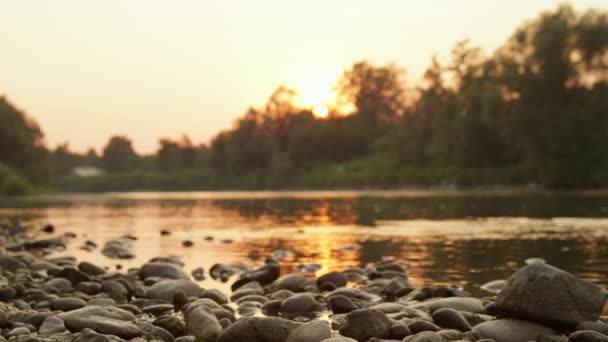 CLOSE UP, DOF: Rocky riverbank and water surface reflecting golden sky — Stock Video