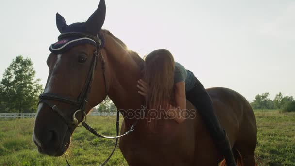 CLOSE UP: Cute young Caucasian brunette girl laying on horse and petting him — Stock Video