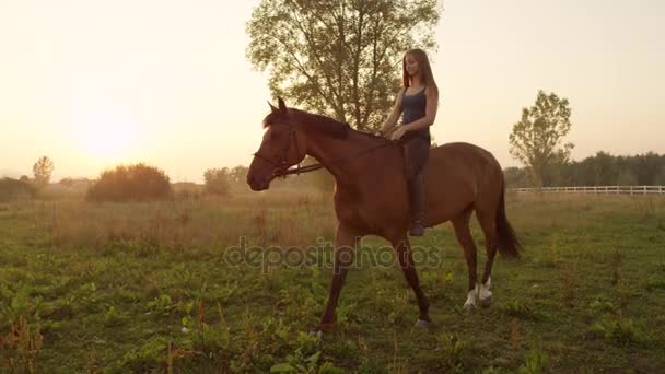 MOTION LENT : Belle fille souriante rapports non protégés chevauchant puissant cheval brun — Video