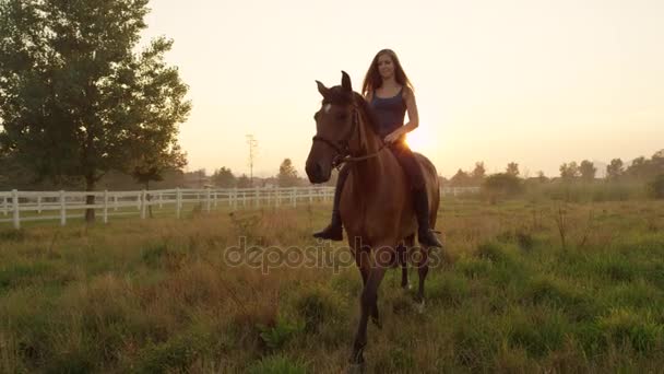 Movimiento lento: Feliz joven rubia a pelo cabalgando en la mañana brumosa de verano — Vídeo de stock