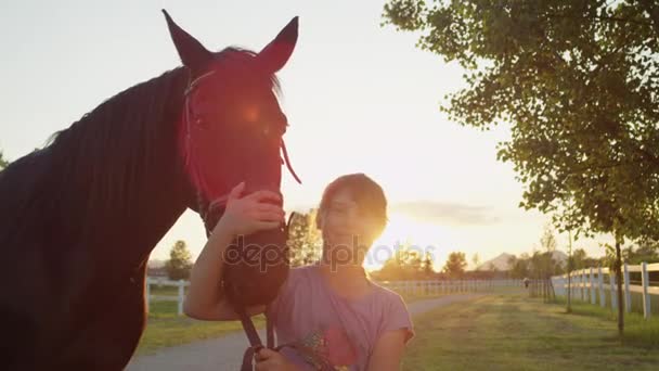 Κοντινό πλάνο: Χαριτωμένο εύθυμο μικρό κορίτσι που αγκαλιάζει το όμορφο μεγάλο καφετί άλογο στο ηλιοβασίλεμα — Αρχείο Βίντεο