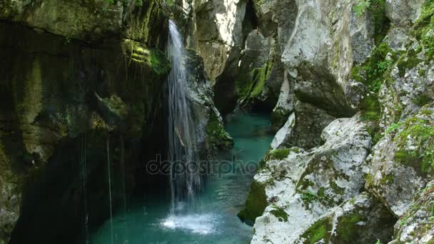 FECHAR UP: Gorge estreito bonito com cachoeiras e rio que atravessa — Vídeo de Stock