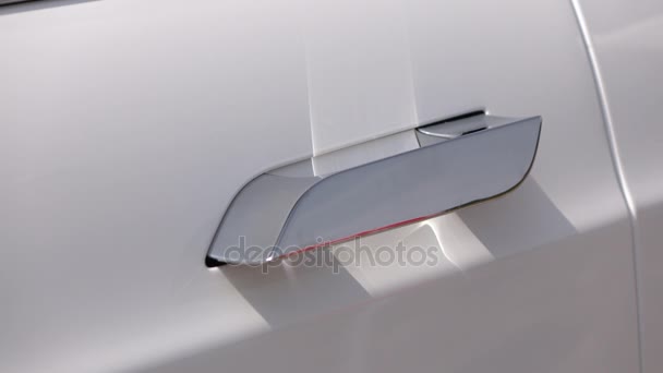 Close Up Tesla Autonomous Electric Car Door Opening System And