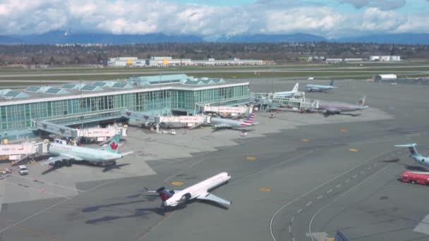 Antenne: Air Canada Flugzeuge rollen rund um den großen internationalen Flughafen. — Stockvideo