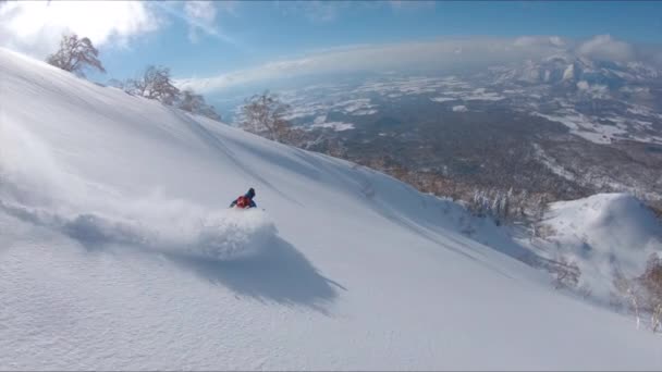 Drönare: Freestyle skidåkare strimla snön när du rider i de natursköna bergen. — Stockvideo