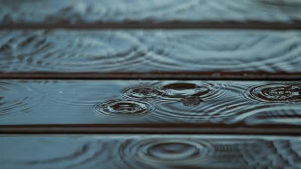 MACRO: Raindrops fall onto the wet wooden floor and create a ripple in the water — Stock Video