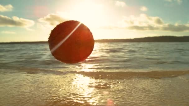 Kokosový Ořech Padající Bílé Písečné Pláže Omýván Skleněnou Mořskou Vodou — Stock video