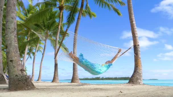 夏休みを楽しむ美しい女性は熱帯のハンモックに横たわって — ストック動画