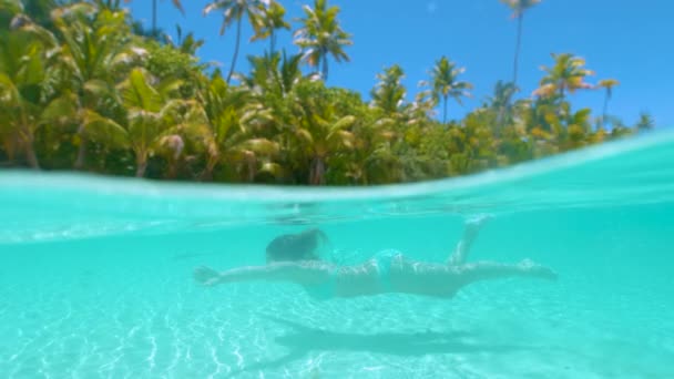 HALF COMDERWATER: Menina despreocupada em férias nadando na água do oceano vítrea . — Vídeo de Stock