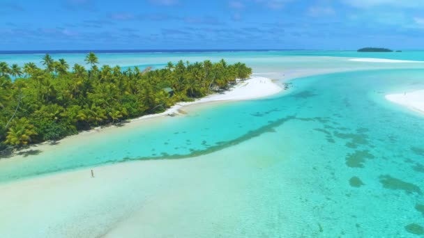 AERIAL: Volando por encima de la chica turística explorando la pintoresca isla tropical — Vídeos de Stock